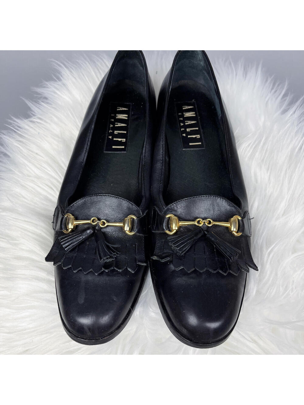 Women's Leather Loafers with Gold Buckle and Tassels, 90's Vintage
